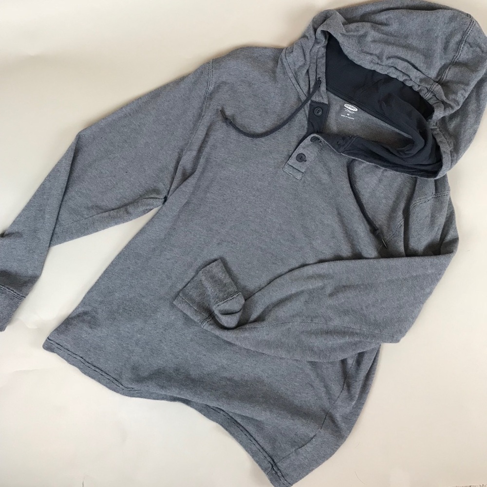 Blue and white stripe hooded pullover.